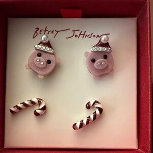 NIB Betsey Johnson Pink Pig and Candy Cane Earrings